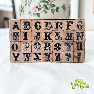 VINTAGE 2007 Hampton Art Marah Johnson Alphabet Rubber Stamp Set | Wood Mounted
